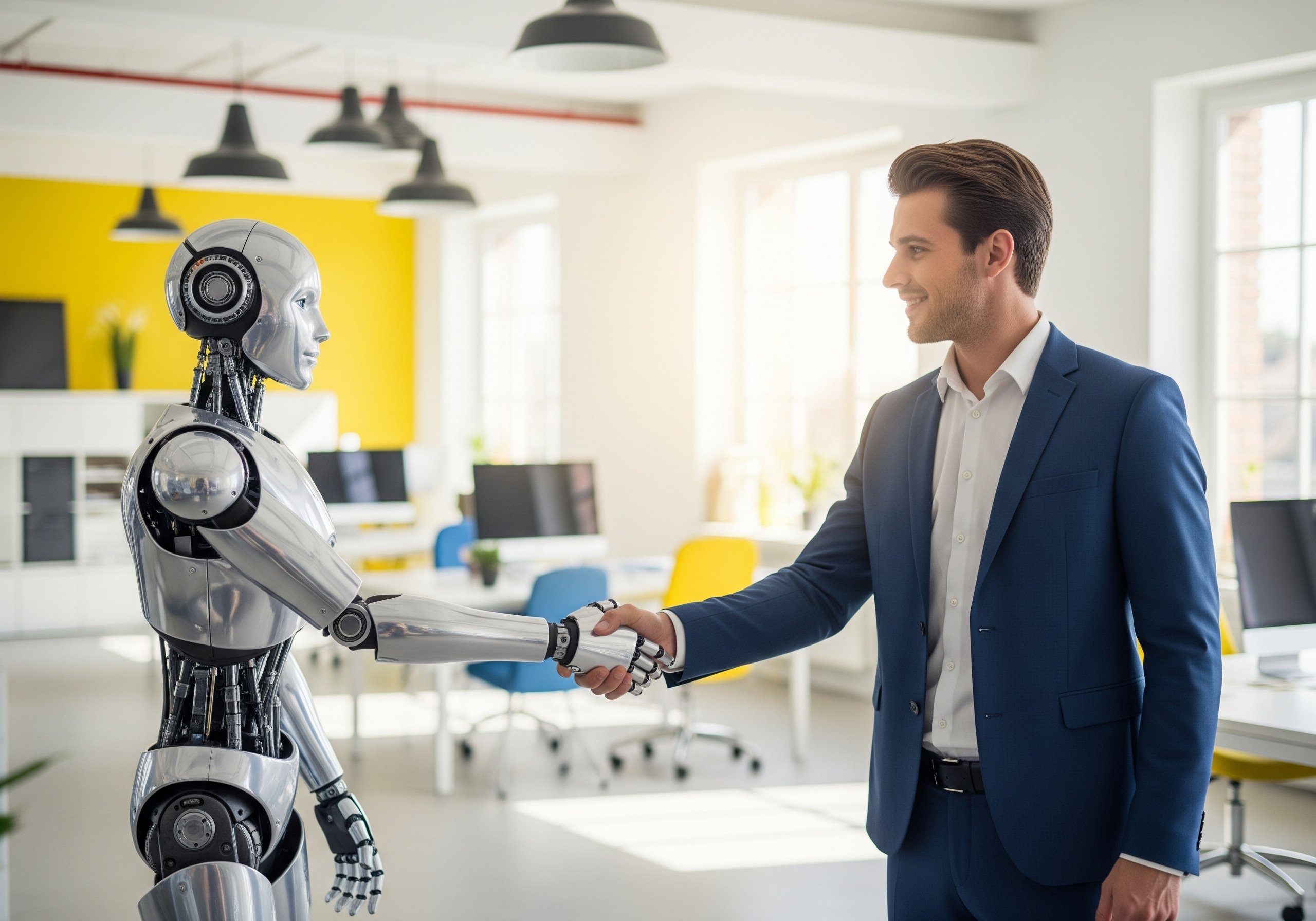 人間とAIが協力し、共に働く未来を表現しました。AIが仕事を奪うのではなく、人間をサポートするパートナーであることを示しています。