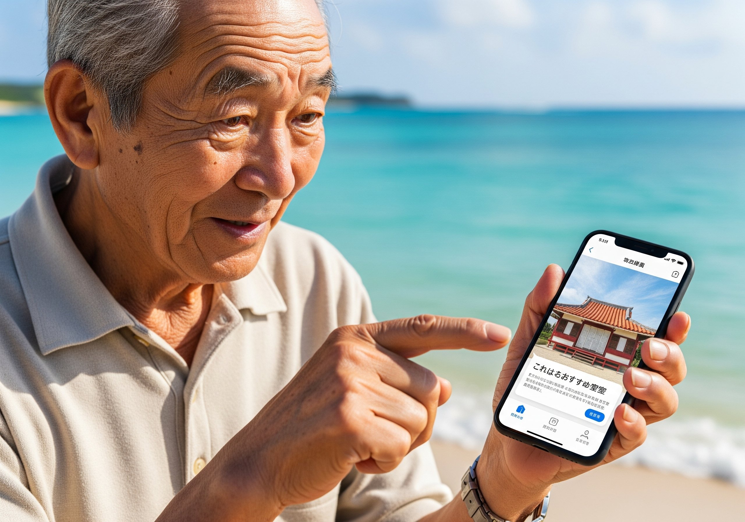 沖縄の美しい海を背景に、年配の男性がスマートフォンを手に持ち、驚きと関心の表情で画面を見ています。画面にはAIチャットのインターフェースが映し出されており、「あなたにオススメの三線教室はこちらです」というメッセージと、伝統的な沖縄の赤瓦家屋の教室の写真が表示されています。伝統と最新テクノロジーの出会いを象徴する一枚です