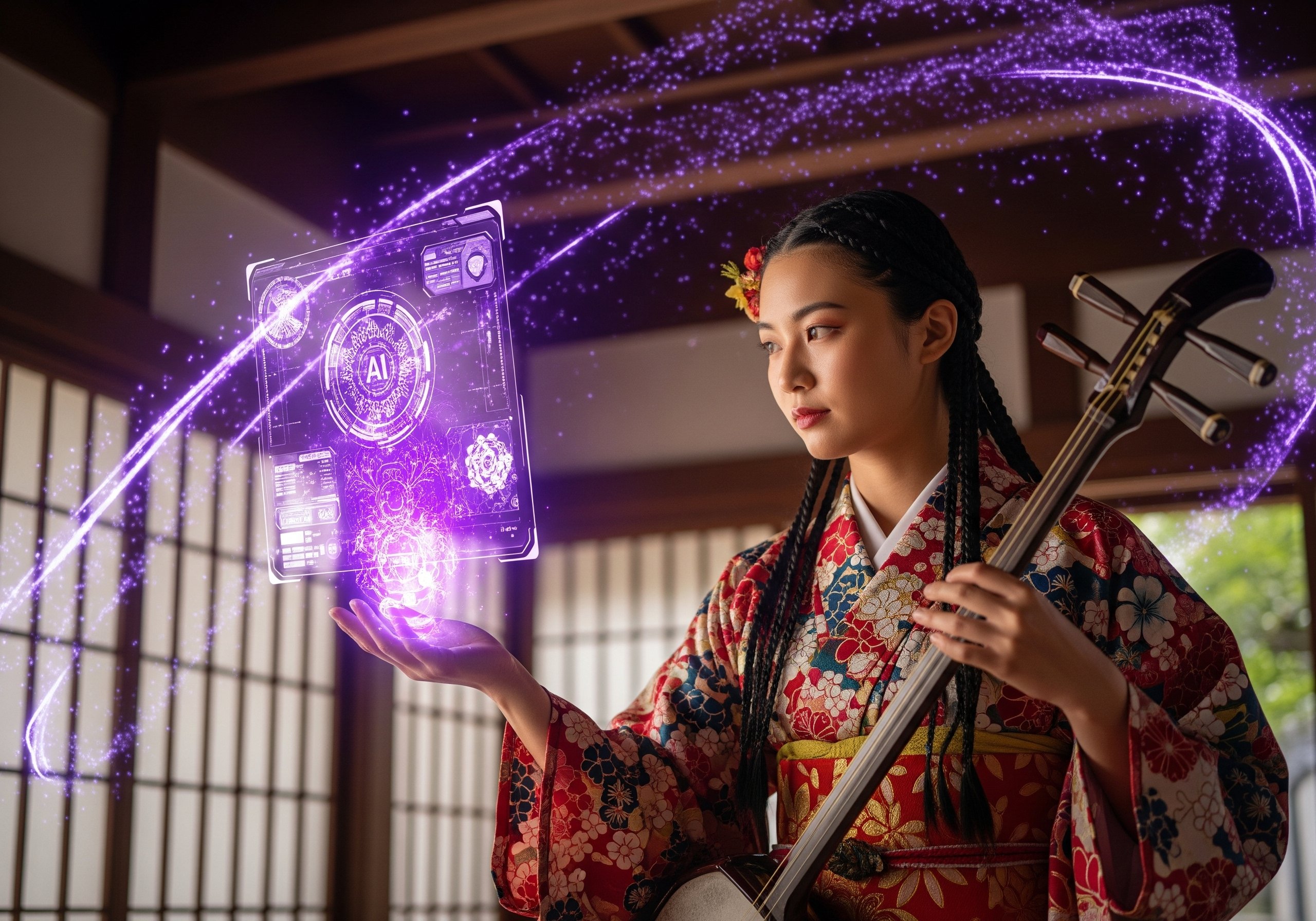 伝統的な琉装を身にまとった若い女性が、片手で三線を構え、もう一方の手で宙に浮かぶ紫色のホログラム（AIインターフェース）を操作しています。背景は、古民家の落ち着いた雰囲気と、デジタルな光の粒子が融合した空間。職人の技と最先端技術が調和した、新しい時代の働き手「パープルワーカー」の姿を力強く表現しています。