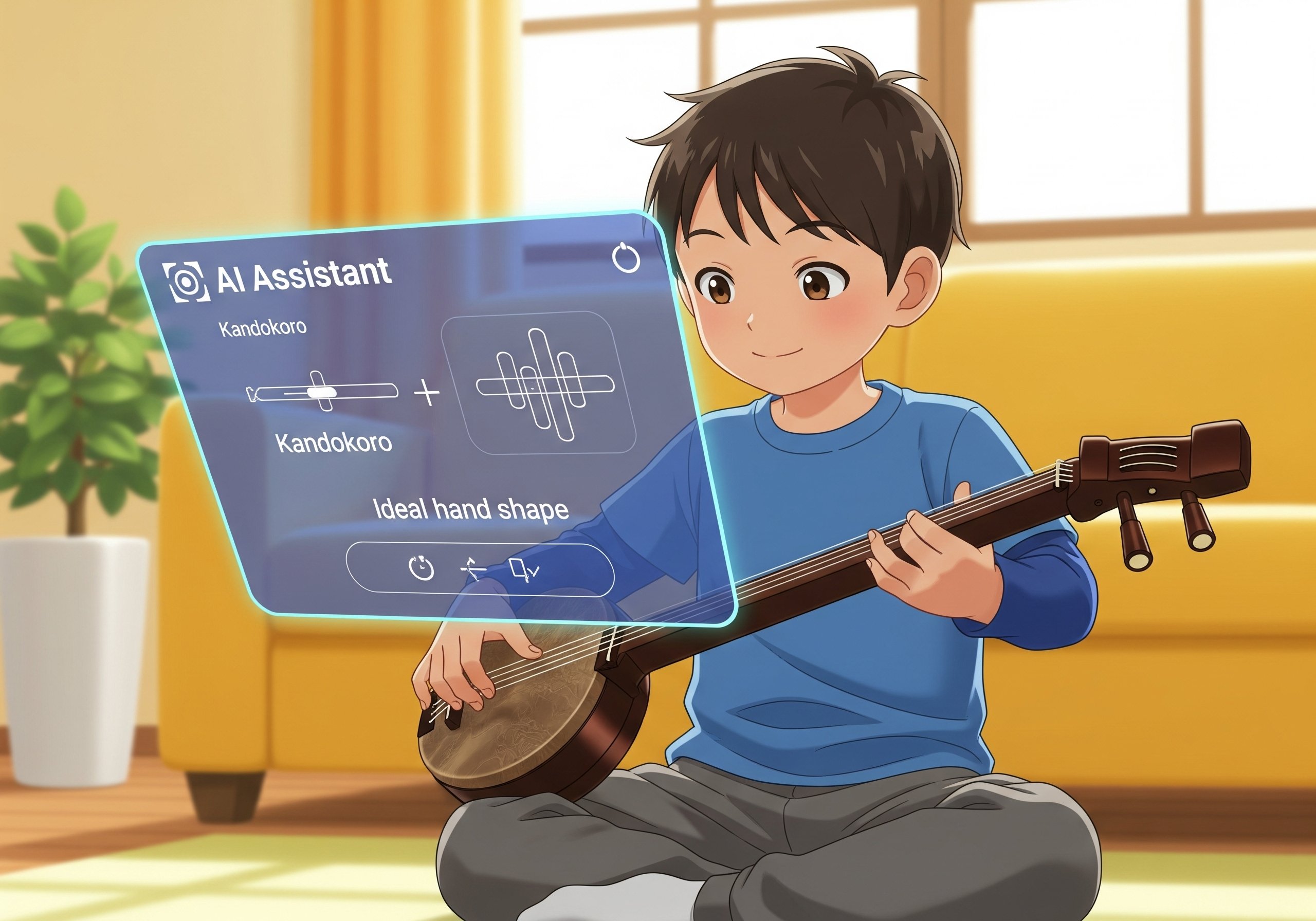 自宅で三線の練習に励む少年の姿。彼の前には、半透明のAIアシスタント画面が浮かび上がっており、押さえるべき勘所(ポジション)や、お手本となる指の形がグラフィカルに表示されています。AIが個人のレベルに合わせて、やさしく、そして正確に稽古をサポートする未来の学習風景です。