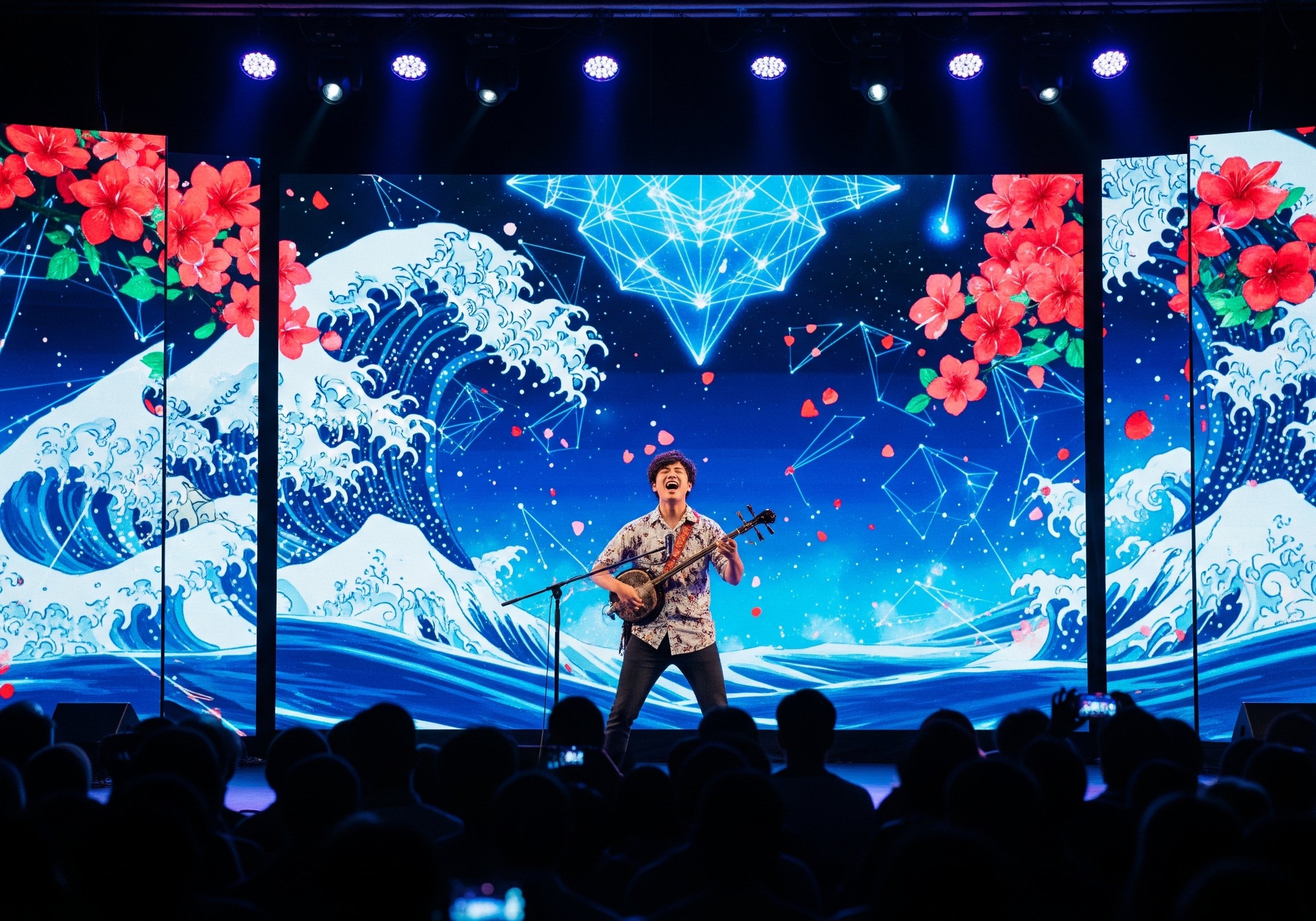 民謡ライブのステージに立つ、情熱的に三線を演奏するアーティスト。彼の背後にある巨大なLEDスクリーンには、演奏されている楽曲の音色やリズムにリアルタイムで反応し、AIが生成した幻想的なデジタルアートが映し出されています。伝統的なデイゴの花や、波打つ海のイメージが、サイバーな幾何学模様と融合し、観客を音楽の世界へ深く引き込みます。