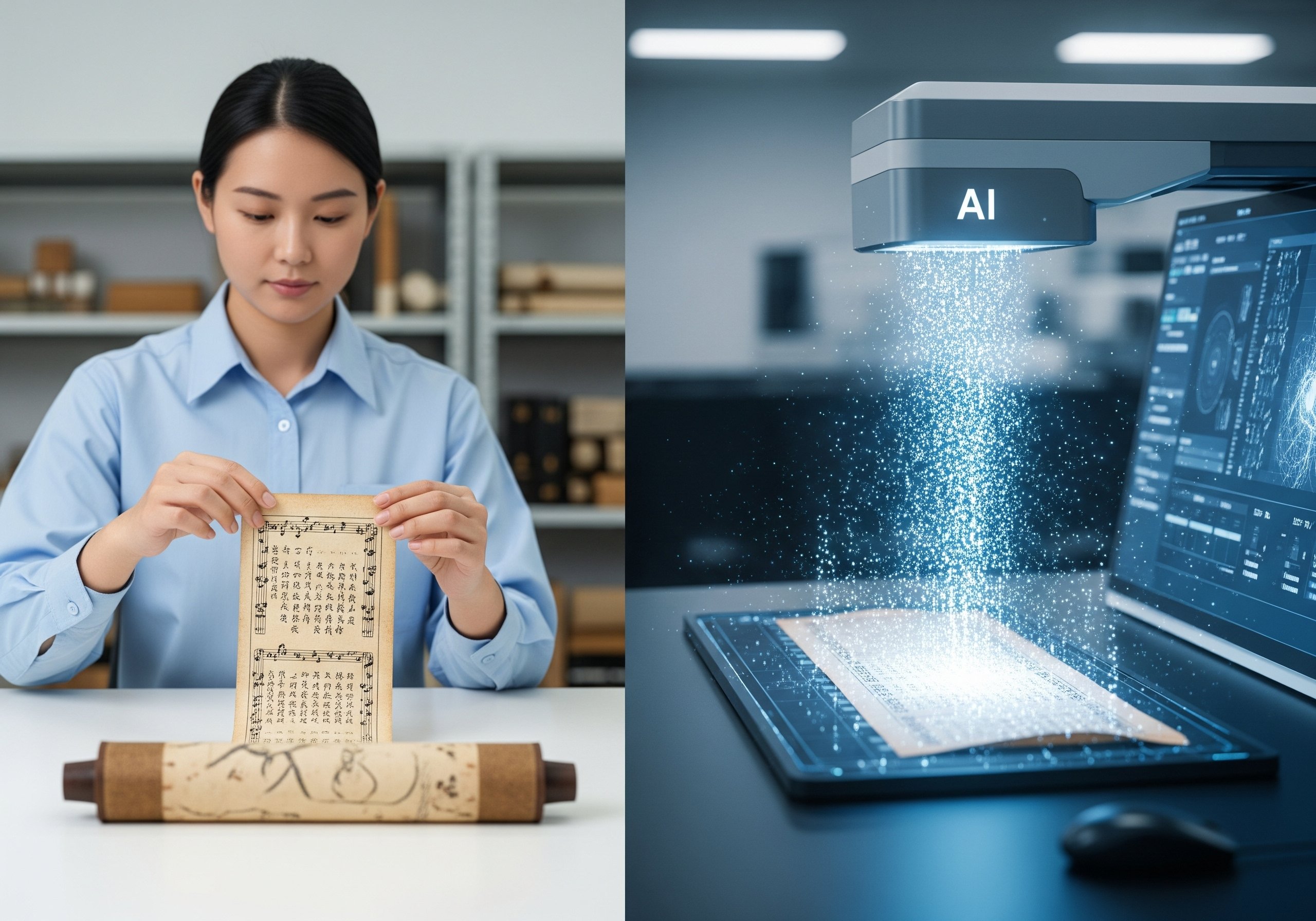 人の手によって大切に扱われる古文書(工工四)を、AIがスキャンしてデジタルデータとして未来永劫に保存していく。そんな文化継承の厳かで希望に満ちた瞬間を表現しています。