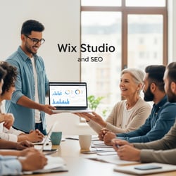 男女が一緒に「WixStudio and SEO」と表示されたノートパソコンを持っている